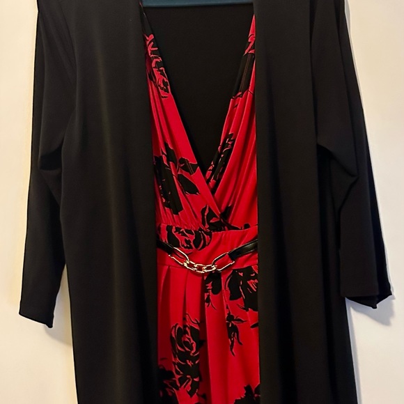 Jaclyn Smith Collection XL Red Black Floral Faux Wrap Dress Overlay Cardigan - Picture 3 of 16